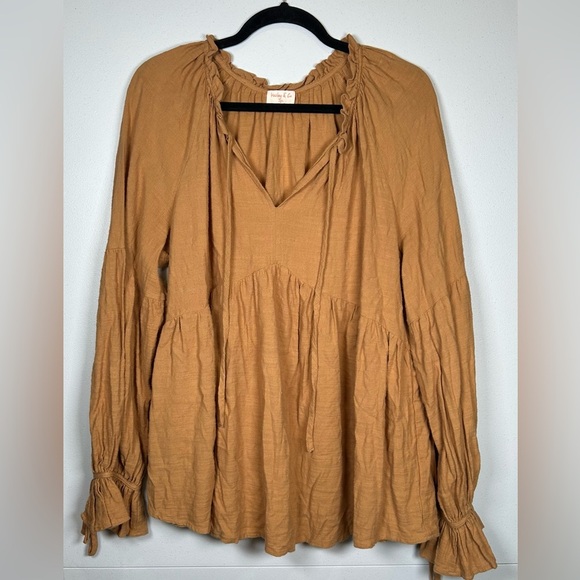 Hailey & Co. Boho Gold Ruched V-Neck Long Sleeve Blouse. Size 2X.#Boho #Festival - Picture 1 of 9